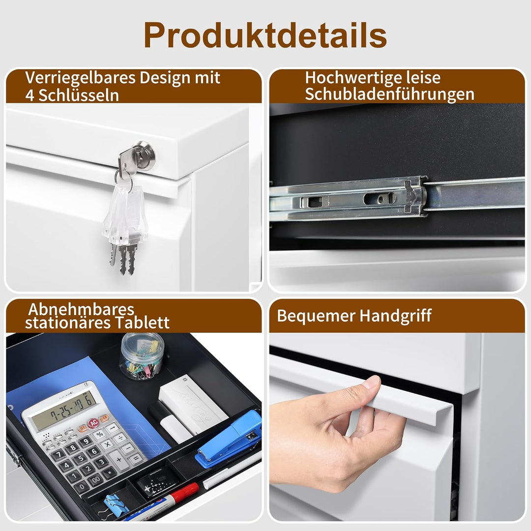 HOMSTEEL Rollcontainer, Mobiler Aktenschrank mit Schloss, 4 Schlüssel, 4 Schubladen, Büroschrank aus