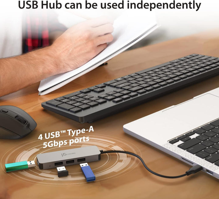 j5create Laptop-Ständer mit USB Hub- Faltbarer Aluminium-, tragbarer Laptop-Ständer mit 4 USB3.2-Ans