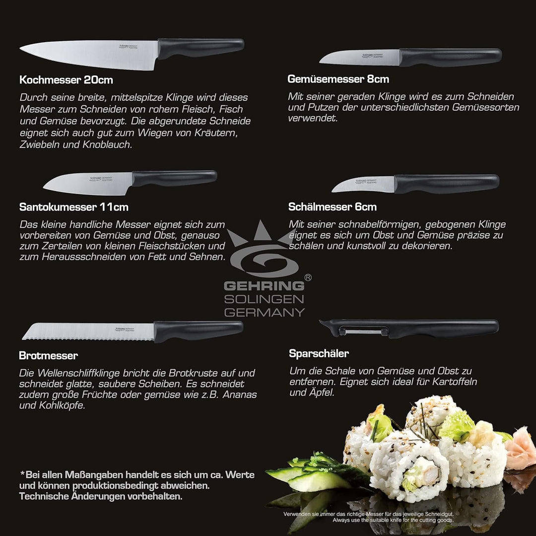 GEHRING SOLINGEN Küchenmesserset - Messerset 6 tlg., rostfreie, eisgehärtete & scharfe Messer, Made