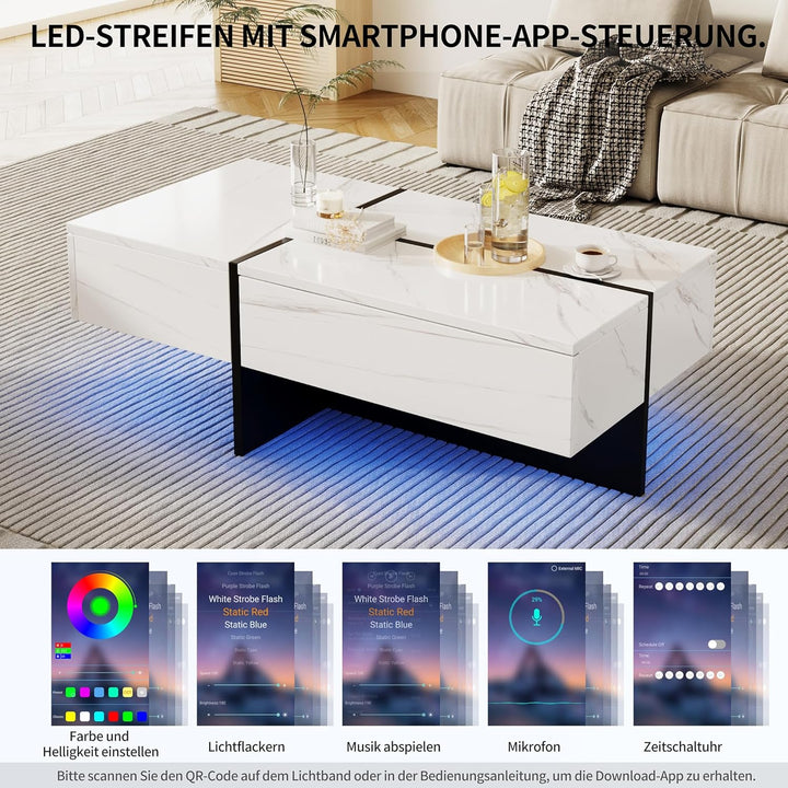 Merax Moderner LED Couchtisch, Wohnzimmertisch mit 3 Schubladen, Hochglänzender Couchtisch, Struktur