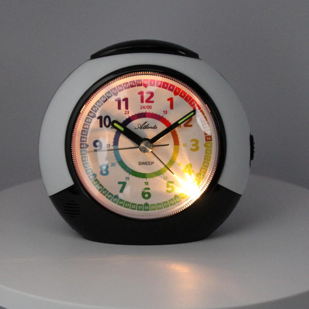Atlanta Kinderwecker ohne Ticken mit Lernzifferblatt Licht Snooze Quarzwecker - 2147/0 (Weiss/Schwar