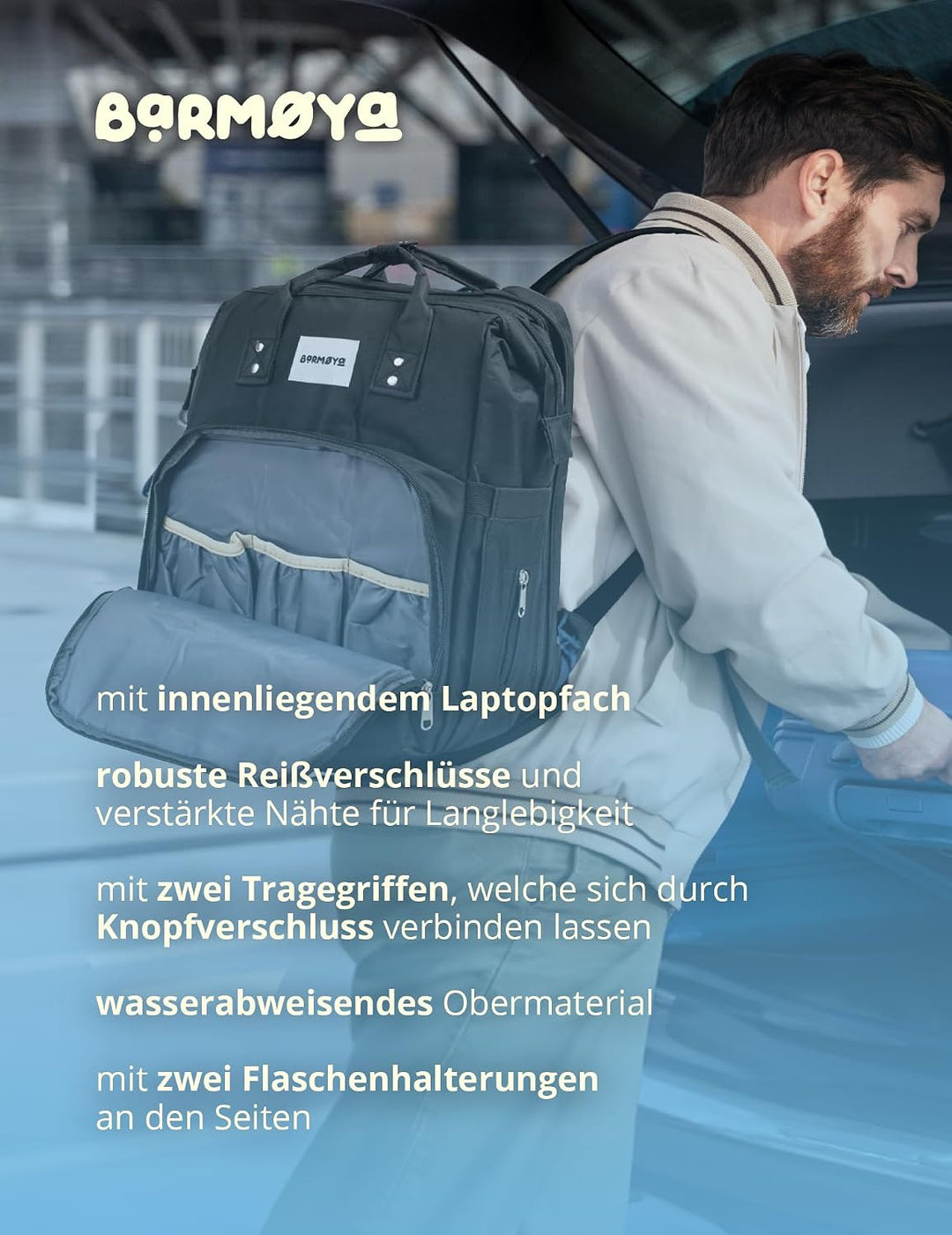 Barmøya 2-in-1 Wickelrucksack mit Wickelablage | Wasserabweisender Wickelrucksack mit isolierten Fla