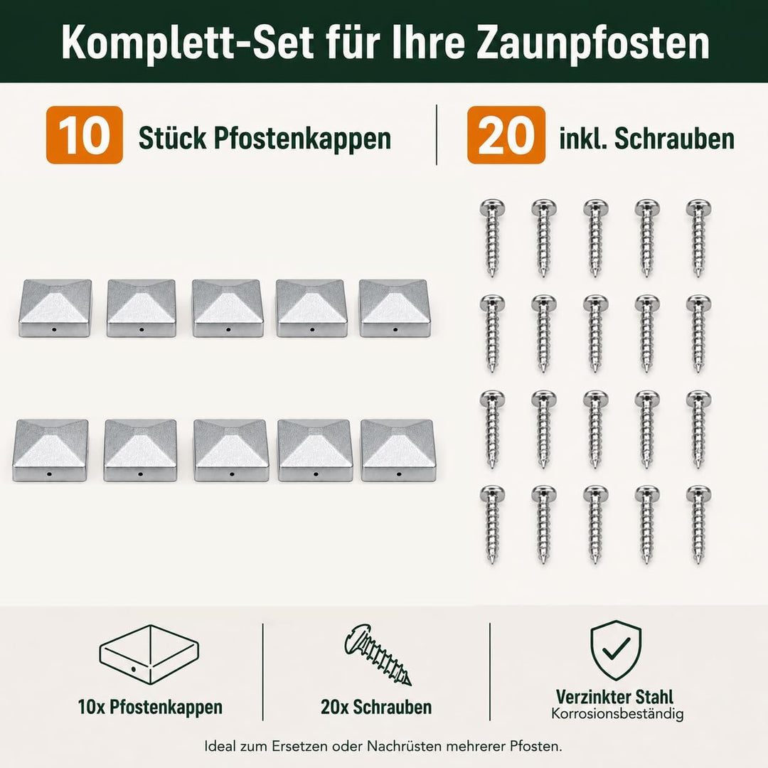 10 Stück Pfostenkappen 7 × 7cm mit 20 Schrauben | Verzinkte Metall Pfostenabdeckung in Pyramidenform