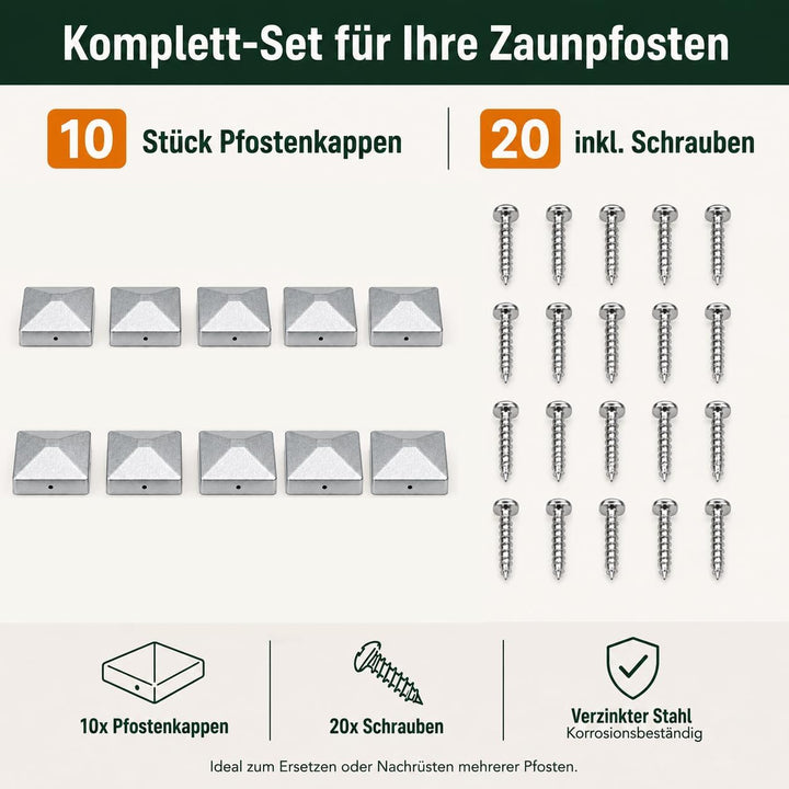 10 Stück Pfostenkappen 7 × 7cm mit 20 Schrauben | Verzinkte Metall Pfostenabdeckung in Pyramidenform