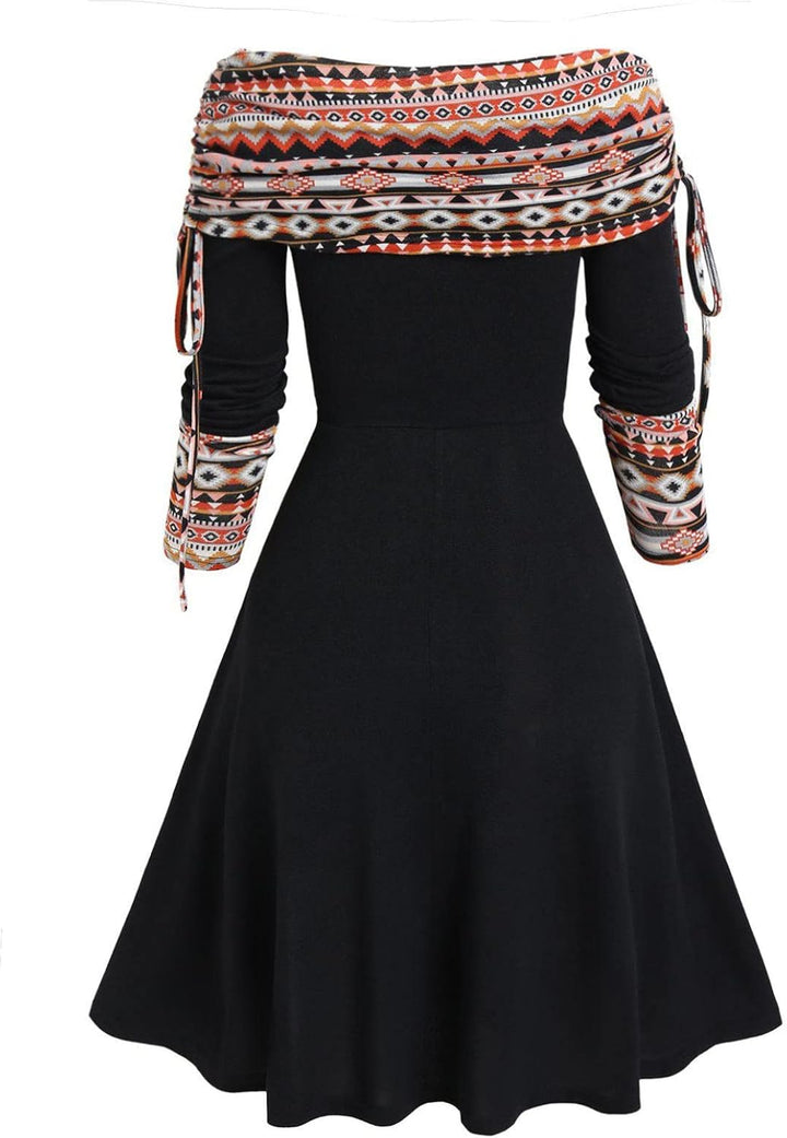 Weihnachten Schulterfrei Kleider für Damen Vintage Druck Patchwork A-Linie Kleid Lässig Locker Flies