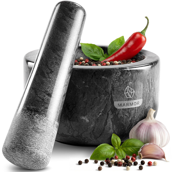 madeco - Edler Marmor Mörser mit Stössel Ø 14 cm - Perfekt geeignet für Gewürze, Kräuter & Nüsse - S