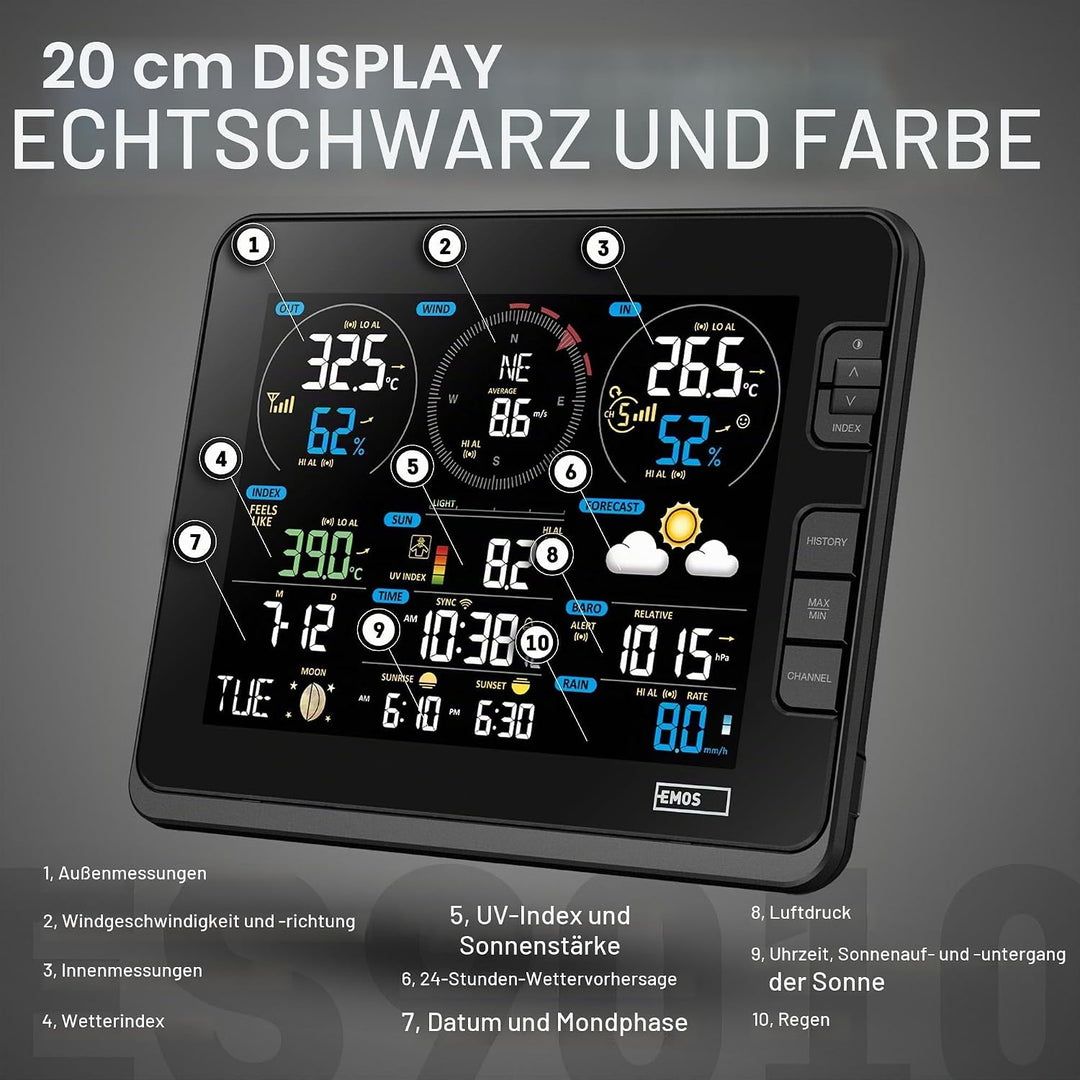 EMOS Wetterstation WLAN mit Windmesser und Regenmesser - zur Wettervorhersage, für drinnen &amp; drausse