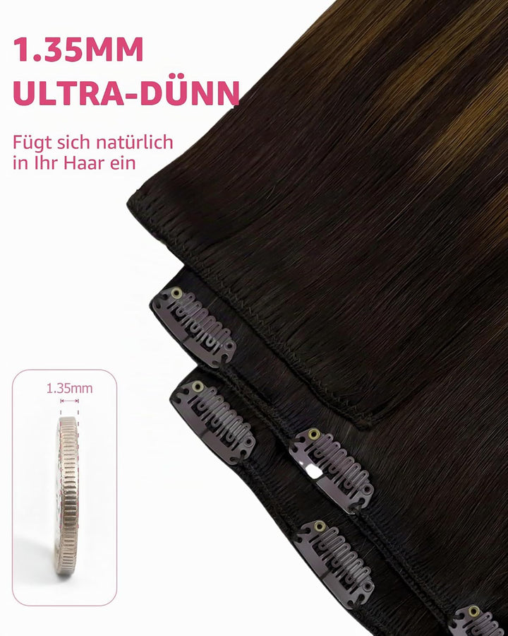 YoungSee Extensions Clip in Braun Ombre Remy Glatt Haar Clip in Extensions Echthaar Ombre Dunkelbrau