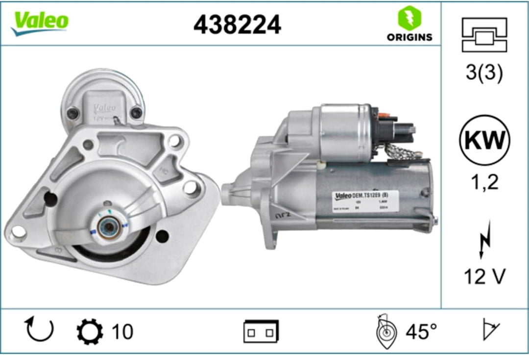 VALEO 438224 Starter Nennleistung: 1,2 kW Stop & Start: NO Zähnezahl: 10 zähne Spannung: 12 V Drehri