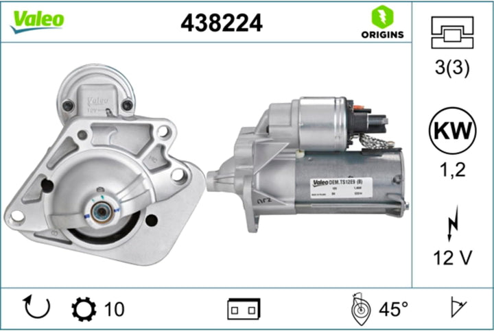 VALEO 438224 Starter Nennleistung: 1,2 kW Stop & Start: NO Zähnezahl: 10 zähne Spannung: 12 V Drehri