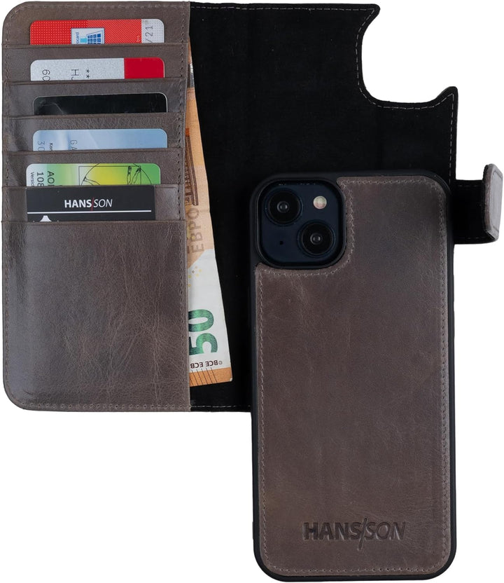 HANS/SON Lederhülle mit Kartenfächern | iPhone 14 | Echtleder | 6,1 Zoll | Schmal | Klapphülle | Sto