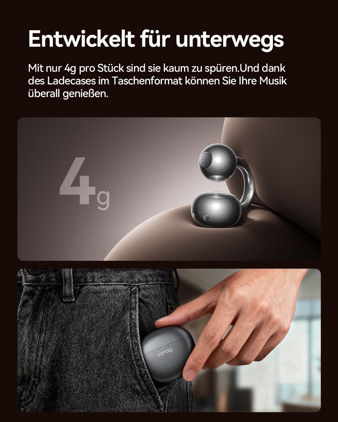 SANAG S7SUltra Open Ear Kopfhörer, Clip On Earbuds Kabellos Dyna HiFi, Bluetooth 6.0, 40H Spielzeit,