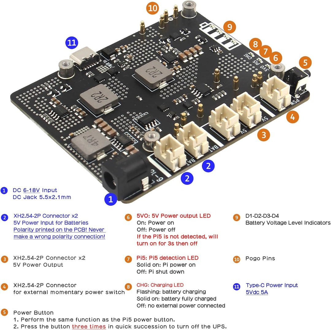 Geekworm X1203 5V UPS Shield for Raspberry Pi 5| Max 5.1V 5A Output|Wide 6-18V Input|Auto Power On|S