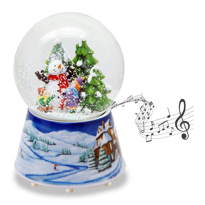 Schneekugel Weihnachten Spieluhr | 2 Kinder Bauen Schneemann | Sockel Winterlandschaft hellblau | mi