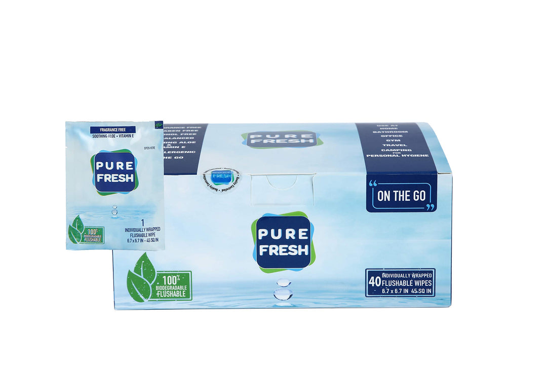 PureFresh Feuchttücher, spülbar, einzeln verpackt, für Reisen, 40 Stück