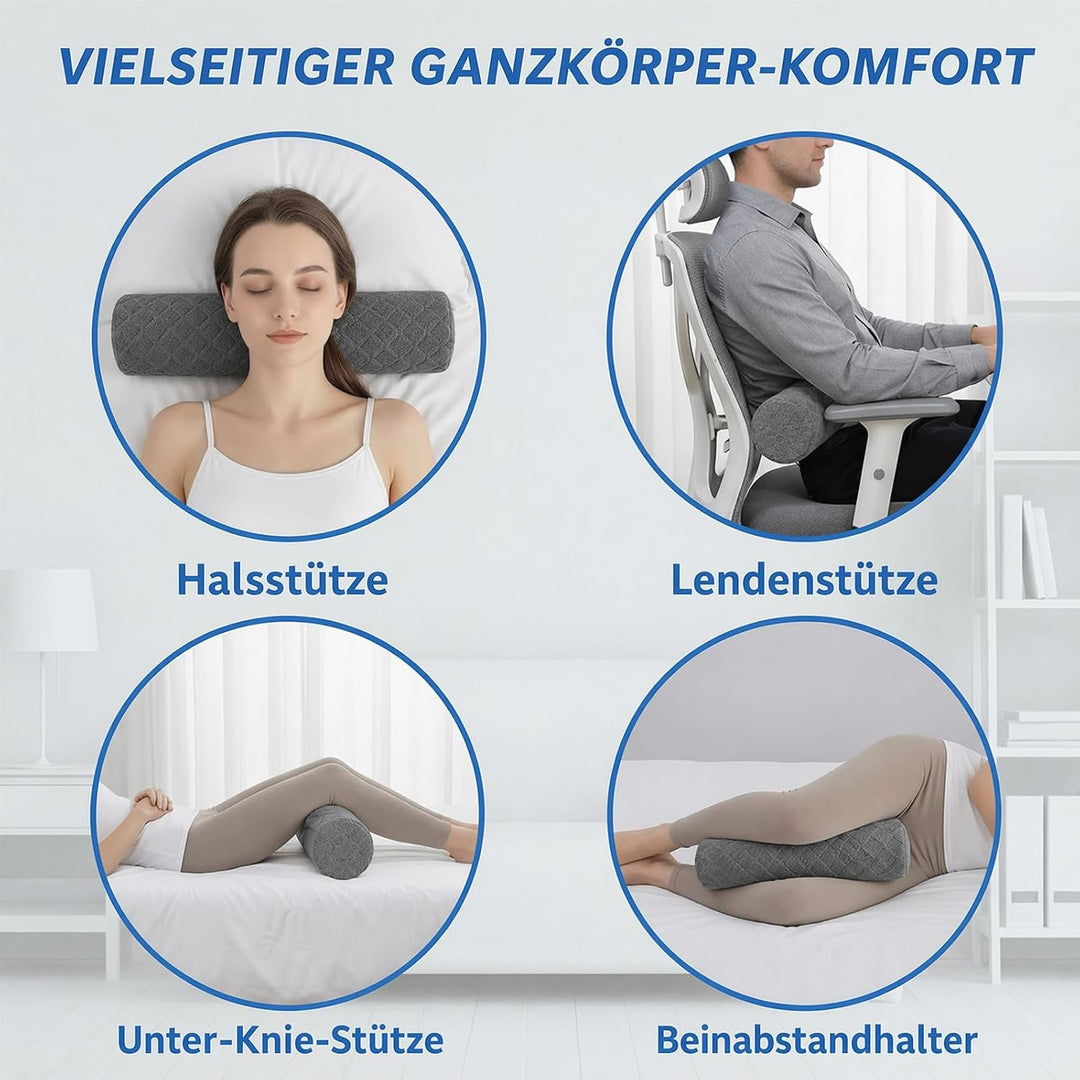 Memory-Schaum Nackenrolle 45cm mit abnehmbarem atmungsaktivem Bezug | Rundes Kissen entlastet Nacken