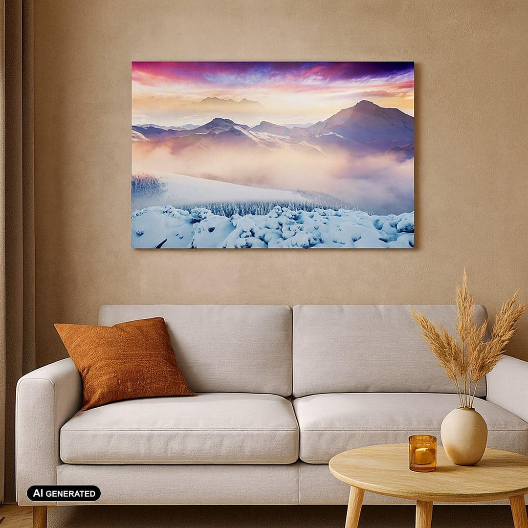 Bilder auf Leinwand 100x70cm Leinwandbild mit Rahmen Berge Schnee Winter Gross Wanddeko Bild Schlafz