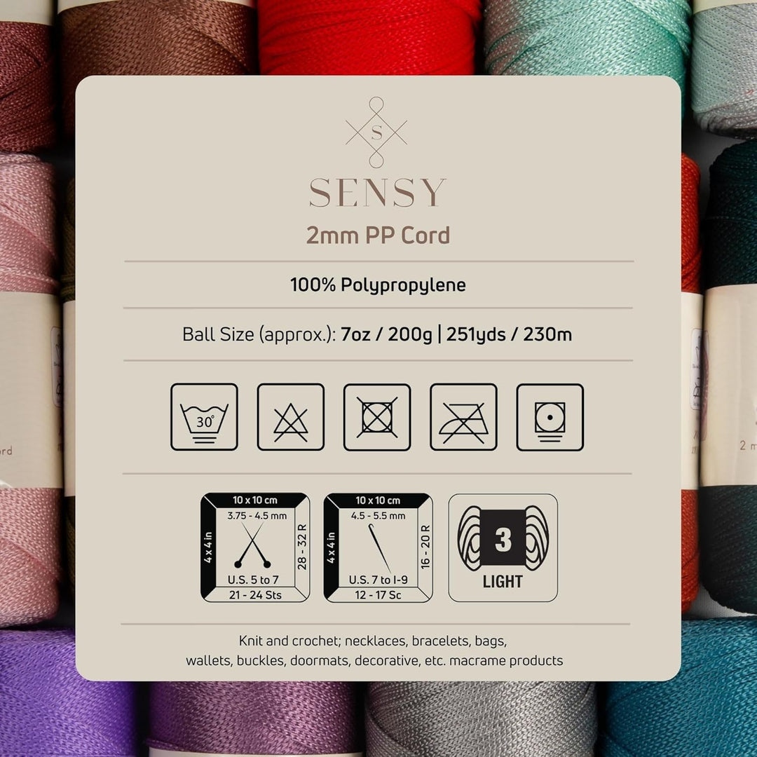 2 Garnstrange Sensy Premium 2 mm 230 Meter Polyester-Seil, 100% Polypropylen-Kordel Makramee-Kordel