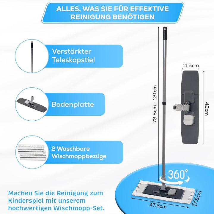 Peggy Perfect Wischmopp Bodenwischer mit verstärktem 131cm langem Teleskopstiel/inkl. 2 bei 60° wasc