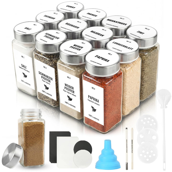 12pcs Gewürzgläser Eckig mit Edelstahldeckel, 120ml Glasbehälter mit Streueinsatz, Luftdichte Gewürz