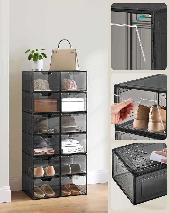 SONGMICS Schuhboxen, Schuh-Organizer aus Kunststoff, mit Tür, durchsichtig, Kunststoffboxen, 12er Se