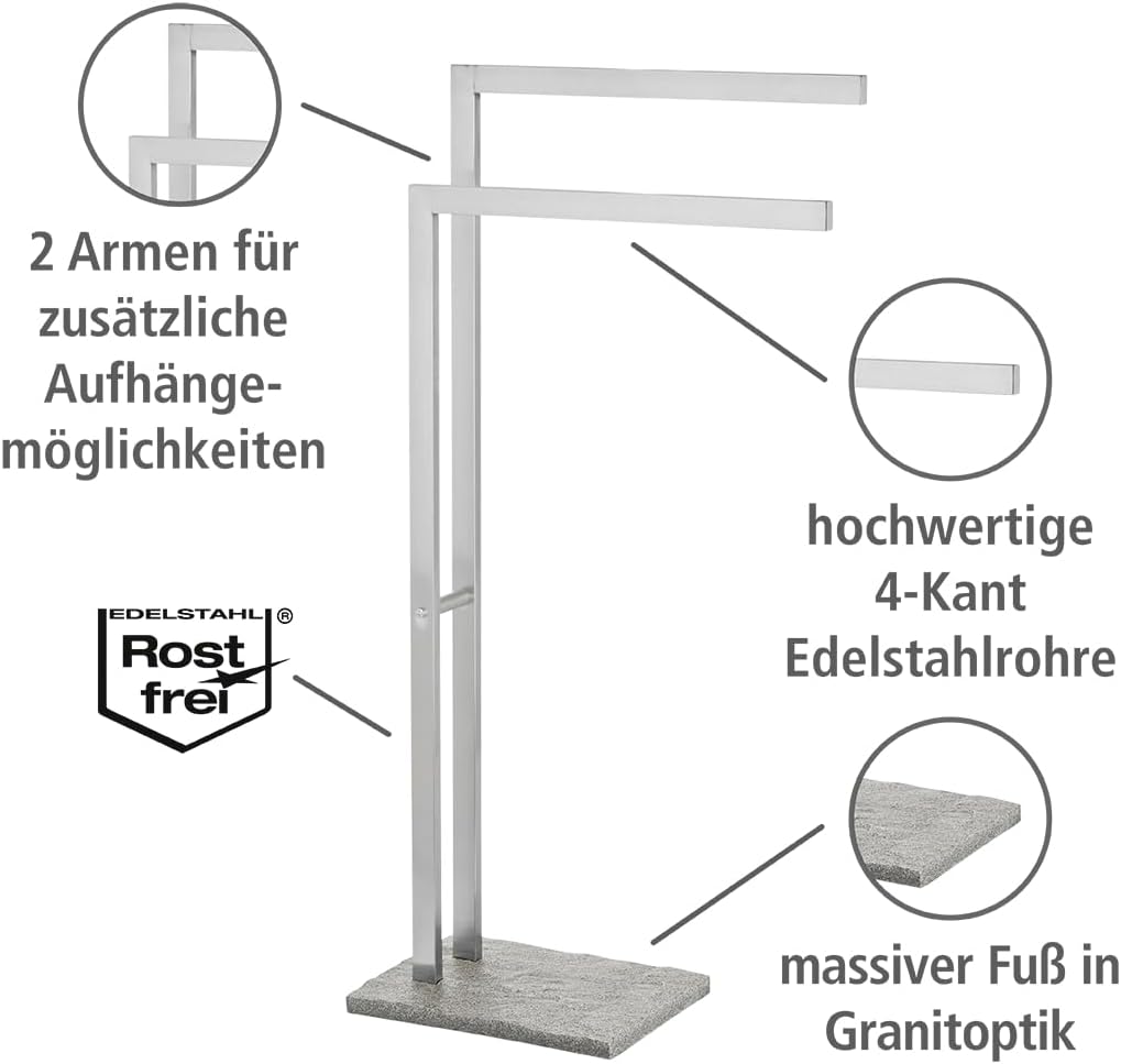 WENKO Handtuchständer Mod. Granit stilvoller freistehender 2-Armiger Handtuchhalter aus Edelstahl mi