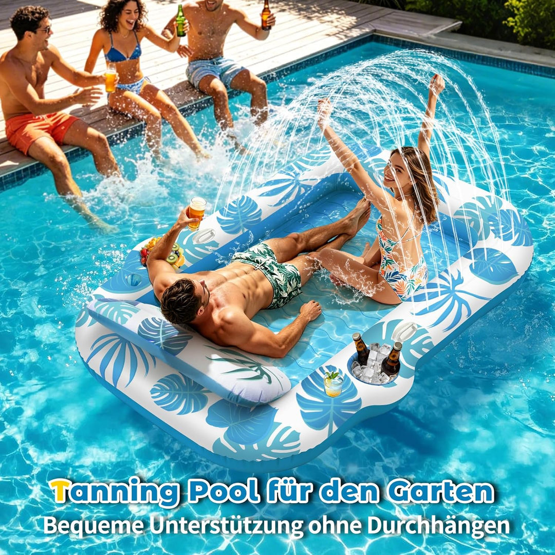 JONRRYIN Luftmatratze Pool für Erwachsene, Tanning Pool 225x190cm mit Sprühfunktion & Getränkehalter