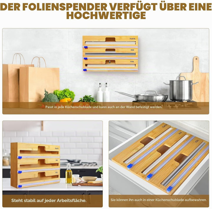QINGLOU Folienschneider,3 in 1 Folienspender Mit Cutter, Bambus/Folienabroller,Frischhaltefolie, Wac