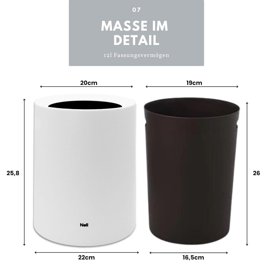 Nell 8L Mülleimer Bad Weiss Matt – Eleganter Kosmetikeimer und WC Mülleimer, Vielseitiger Büro- und