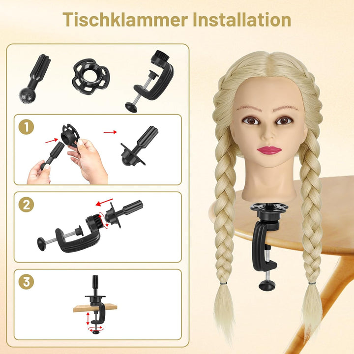 TwoWin Frisierkopf 80% Echthaar, Übungskopf 24 Zoll /60cm Friseurkopf, Trainingskopf für Friseure fü