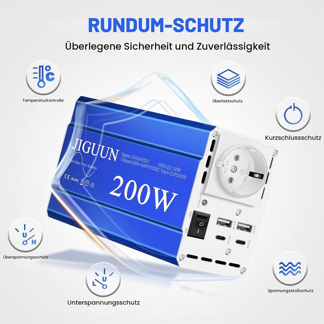 JIGUUN 200W Wechselrichter 12V/24V auf 230V Reiner Sinus Spannungswandler mit EU Steckdose,2 USB,2 T