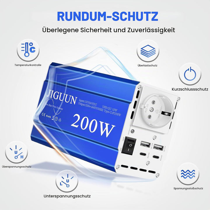 JIGUUN 200W Wechselrichter 12V/24V auf 230V Reiner Sinus Spannungswandler mit EU Steckdose,2 USB,2 T