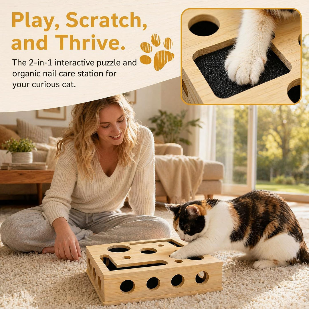 Kratzpuzzle Spielbox Holz, 30 x 25 cm Beschäftigungsbox Krallenfeile Katzen mit 3 Bällen, Katzenspie