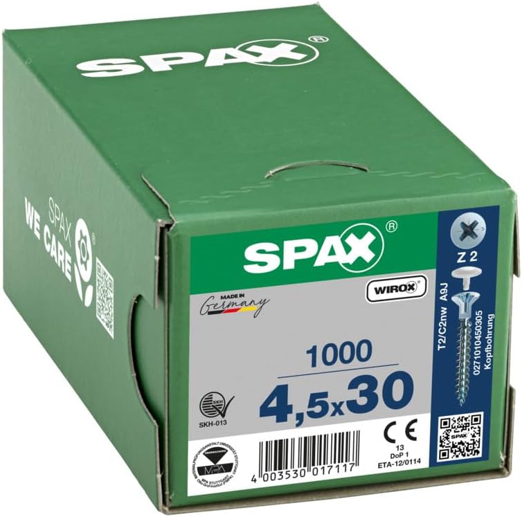 SPAX Universalschraube mit Kopflochbohrung, 4,5 x 30 mm, 1000 Stück, Kreuzschlitz Z2, Kleiner Senkko