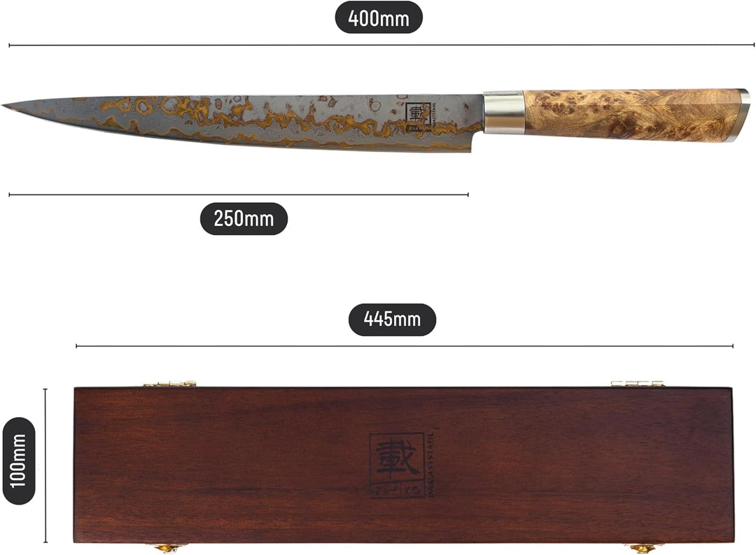 zayiko MysticMagma Damastmesser für Sashimi I Messer mit 25 cm Klinge gefertigt aus 67 Lagen Damasts