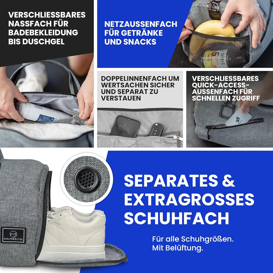 𝗪𝗢𝗟𝗙𝗦𝗕𝗘𝗨𝗧𝗘𝗟® 30L Sporttasche & Reisetasche für Damen & Herren mit Schuhfach & Nassfach | Wasserdicht