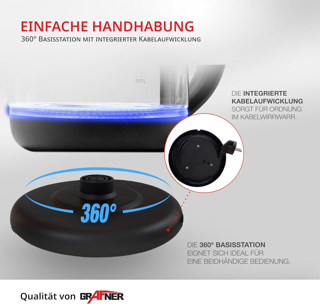 Grafner Design Glas Wasserkocher 1,8 Liter, 1800 Watt, mit blauer LED Beleuchtung, Trockenlaufschutz
