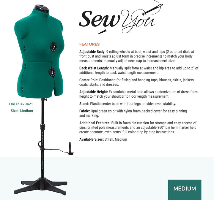 Dritz Sew You Verstellbare Kleiderform, Opalgrün, Medium, M