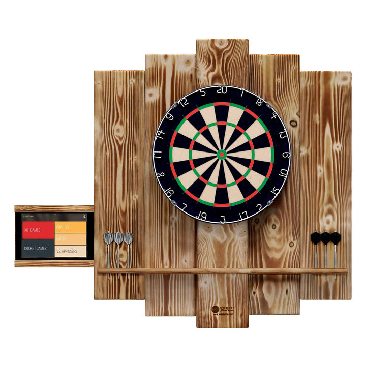 Wooden Dartboard Surround | Premium Dart-Wandschutz & Tablet-Halter (Optional) | Geflammter Burned L