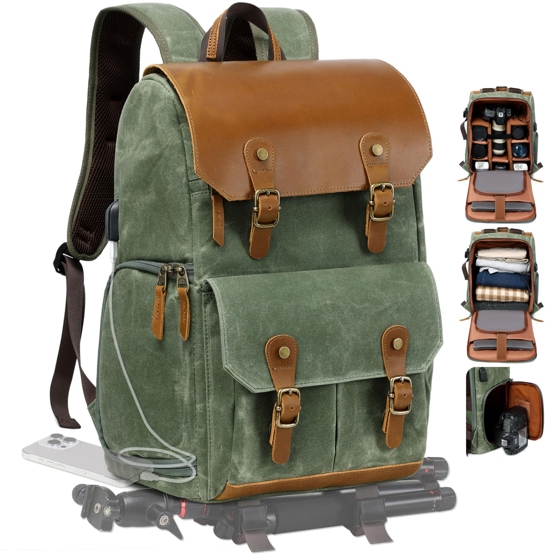 Padwa Lifestyle Grüner Kamerarucksack - wetterfeste Kameratasche aus gewachstem Memory Canvas mit 16