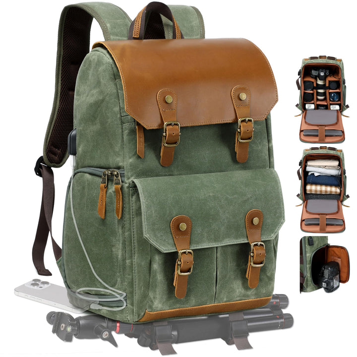 Padwa Lifestyle Grüner Kamerarucksack - wetterfeste Kameratasche aus gewachstem Memory Canvas mit 16