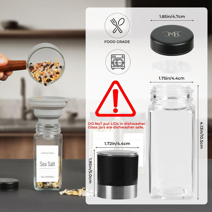 FRIBERG Gewürzgläser Eckig Set 20er,Gewürzstreuer Glas mit Edelstahldeckeln 120ml,mit 2 gewürzmühle