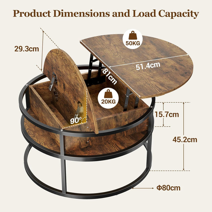 Dripex Couchtisch Rund, 81cm Durchmesser, Höhenverstellbar Beistelltisch mit Verstecktem Stauraum, W