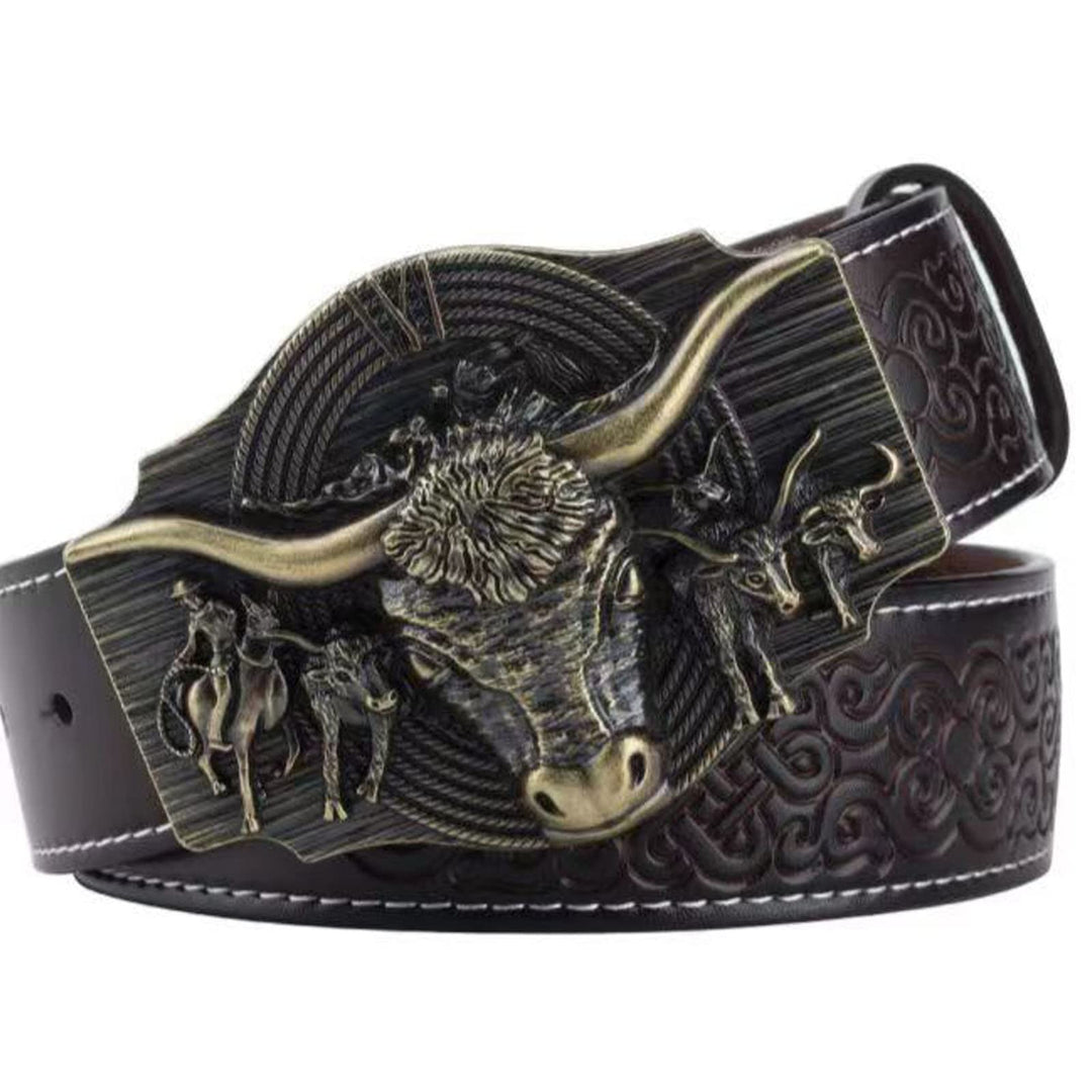 WRJAHCG Gürtel Western für Cowboy, Vintage Long Horn Bull Rodeo Western Cowboy Gürtel,Bronze coffee,