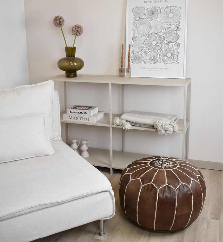 Poufs&Pillows Handgefertigter Sitzhocker aus Leder, gefüllt, Holz, Braun Wood Brown, Wood Brown