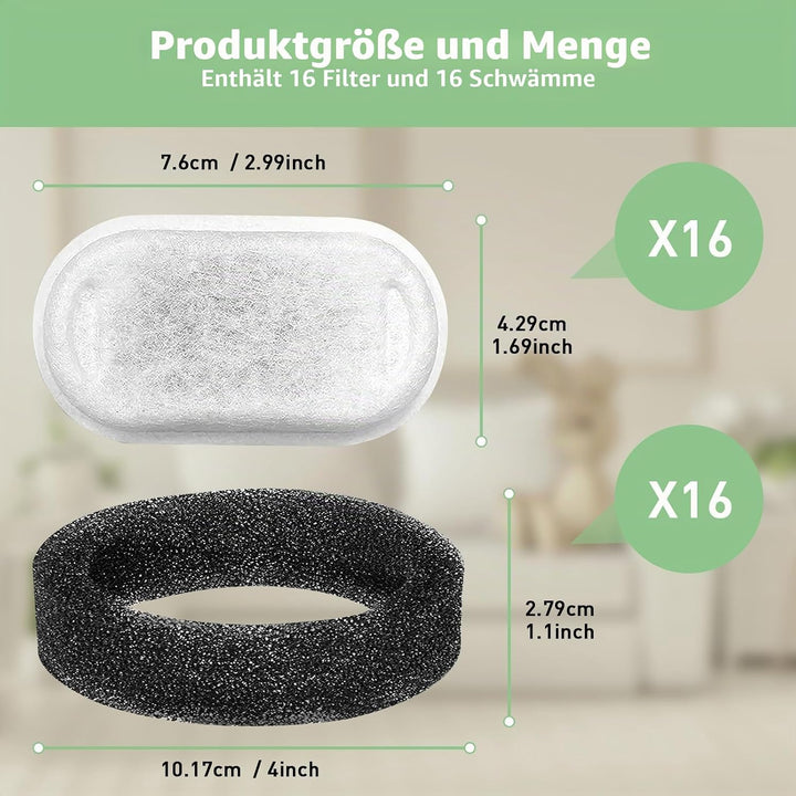 16+16 Stück Filter Katzenbrunnen,Filter Trinkbrunnen Katzen Ersatzfilter für 108oz/3.2L und 67oz/2L