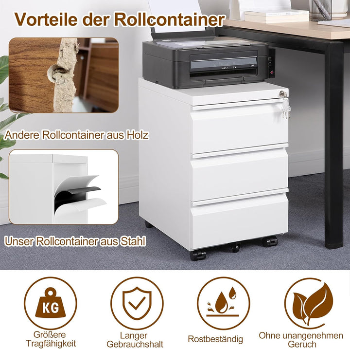 Rollcontainer, Mobiler Aktenschrank mit Schloss, 4 Schlüssel, 3 Schubladen, Büroschrank aus Metall,
