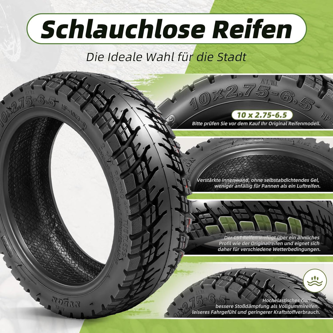 10 x 2,75-6,5 Tubeless Reifen für Kukirin G2 Master, 10 Zoll Ersatzreifen für Speedway 5 Dualtron 3,