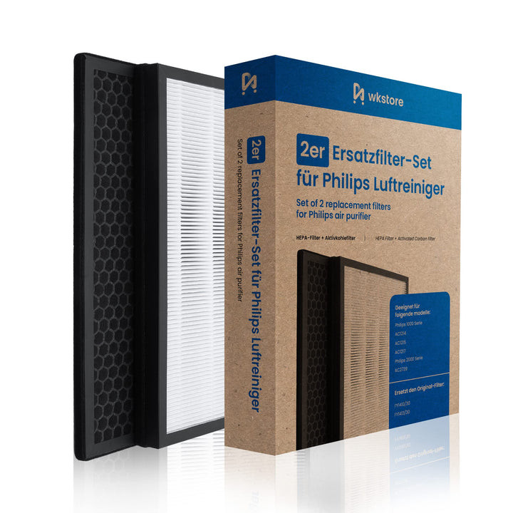 wkstore 2er Ersatzfilter-Set für Philips Luftreiniger AC1214 AC1215 AC1217 AC2729 | HEPA + Aktivkohl