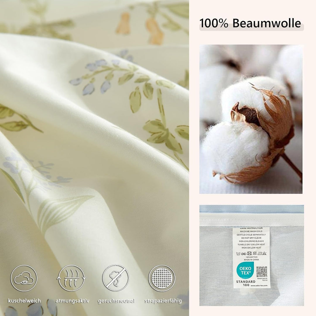 Freyamy Blumen Bettwäsche 135x200cm 2teilig Baumwolle Beige Bunt Floral Blätter Pflanzen Wendebettwä